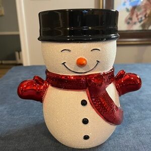 Bath & Body Works Snowman Decor with Red and Black 3 wick candle holder.